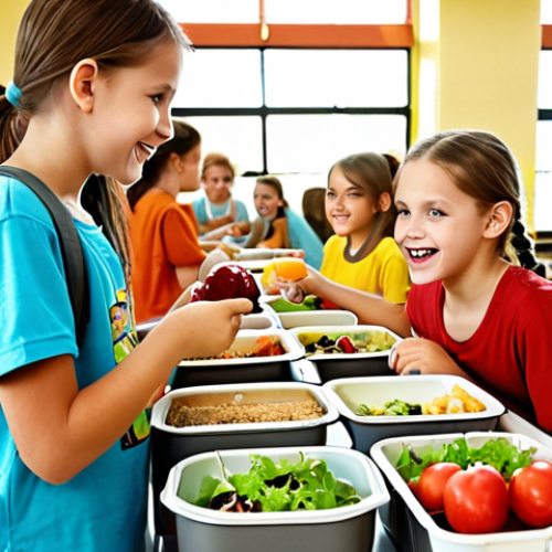 ** A school cafeteria scene. Students are using reusable lunchboxes and water bottles. A salad bar and other food options are available in bulk, without individual packaging. The scene is bright and colorful, showing happy children and healthy food. Focus on the absence of disposable plastic.

**