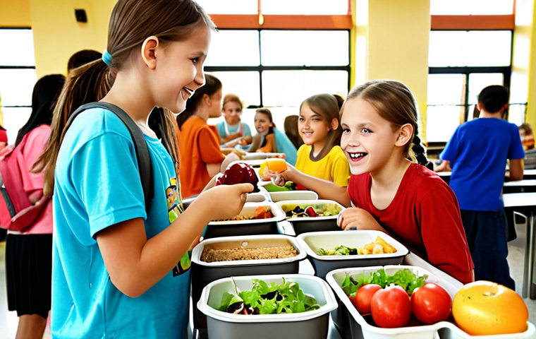 ** A school cafeteria scene. Students are using reusable lunchboxes and water bottles. A salad bar and other food options are available in bulk, without individual packaging. The scene is bright and colorful, showing happy children and healthy food. Focus on the absence of disposable plastic.
**