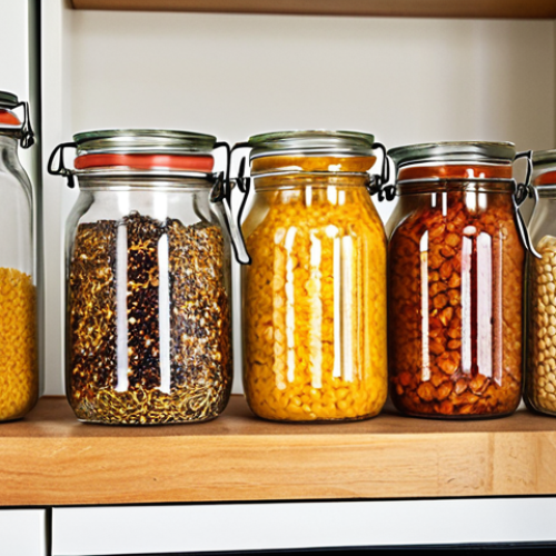 ** A bright, organized kitchen featuring various glass jars filled with grains, seeds, and leftovers. Beeswax wraps are covering bowls of fruits and vegetables.

**