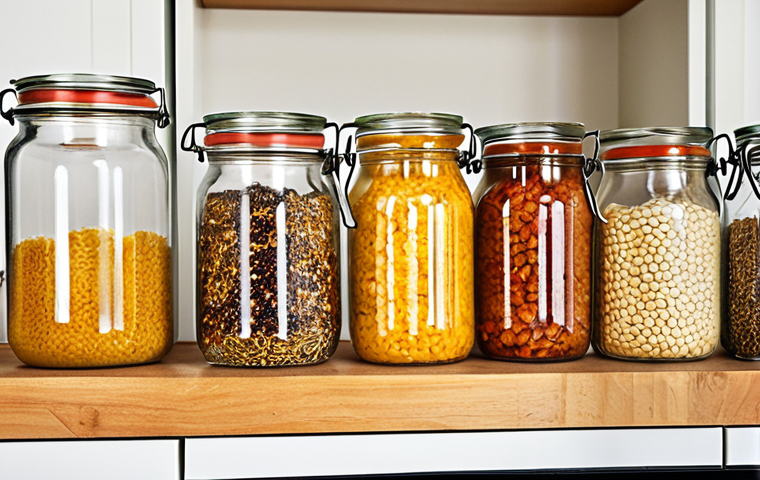 ** A bright, organized kitchen featuring various glass jars filled with grains, seeds, and leftovers. Beeswax wraps are covering bowls of fruits and vegetables.
**