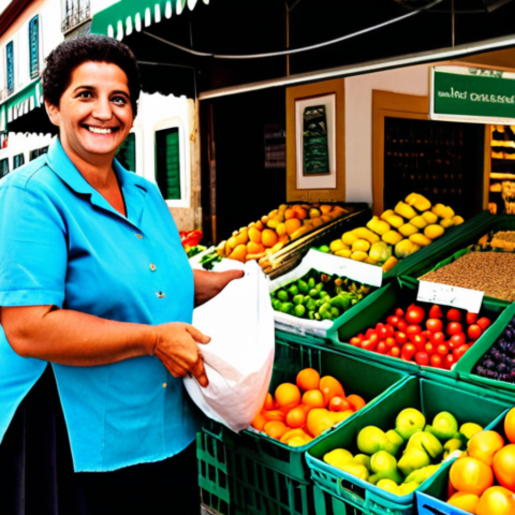 **
"A vibrant, bustling Portuguese market scene. A friendly shopkeeper, fully clothed in modest, traditional attire, smiles while handing a customer fresh produce in a reusable cloth bag. Colorful fruits and vegetables are displayed in an eco-friendly manner, without plastic packaging. Background: a charming Portuguese town square. Safe for work, appropriate content, professional quality, perfect anatomy, natural proportions, family-friendly."
**