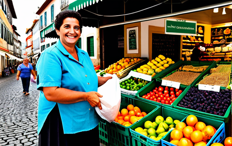 **
"A vibrant, bustling Portuguese market scene. A friendly shopkeeper, fully clothed in modest, traditional attire, smiles while handing a customer fresh produce in a reusable cloth bag. Colorful fruits and vegetables are displayed in an eco-friendly manner, without plastic packaging. Background: a charming Portuguese town square. Safe for work, appropriate content, professional quality, perfect anatomy, natural proportions, family-friendly."
**