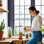 업사이클링을 통한 일회용품 대체 - **Home Decor Upcycling Scene:**
    A vibrant indoor scene featuring a young woman in her late 20s, ...