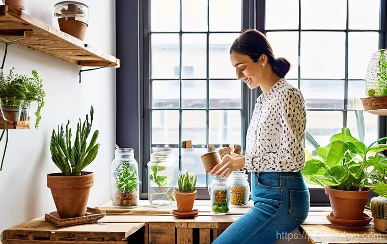 업사이클링을 통한 일회용품 대체 - **Home Decor Upcycling Scene:**
A vibrant indoor scene featuring a young woman in her late 20s, ...