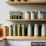 일회용품 대체를 위한 구매 가이드 - A modern eco-friendly kitchen setting featuring reusable sustainable products: bamboo fiber biodegra...