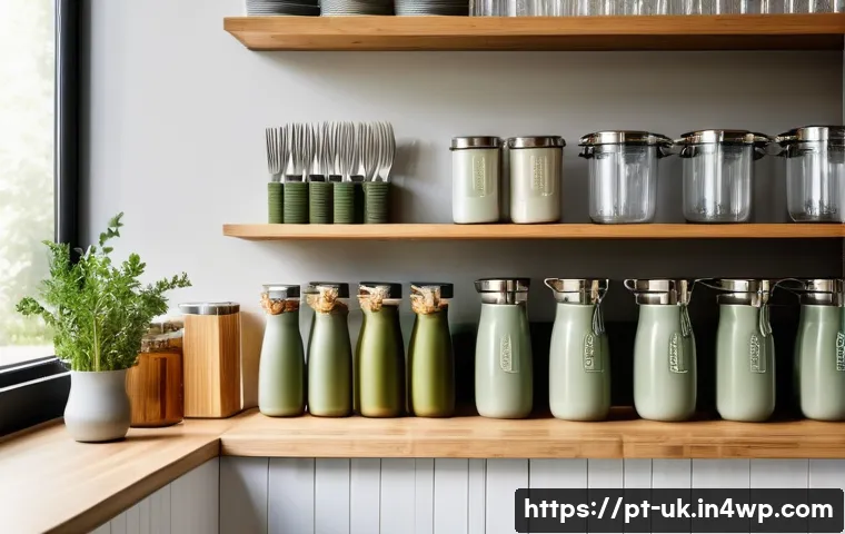 일회용품 대체를 위한 구매 가이드 - A modern eco-friendly kitchen setting featuring reusable sustainable products: bamboo fiber biodegra...