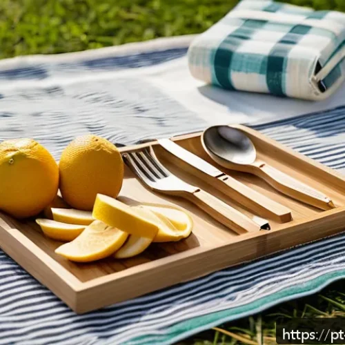 일회용 식기 대체를 위한 아이디어 - A stylish picnic scene set in a sunny Brazilian park featuring a reusable bamboo cutlery set neatly ...