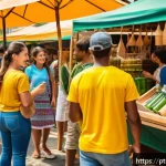 소비자 행동 변화와 일회용품 대체 - A vibrant, sunlit Brazilian urban market scene showcasing diverse people selecting sustainable produ...