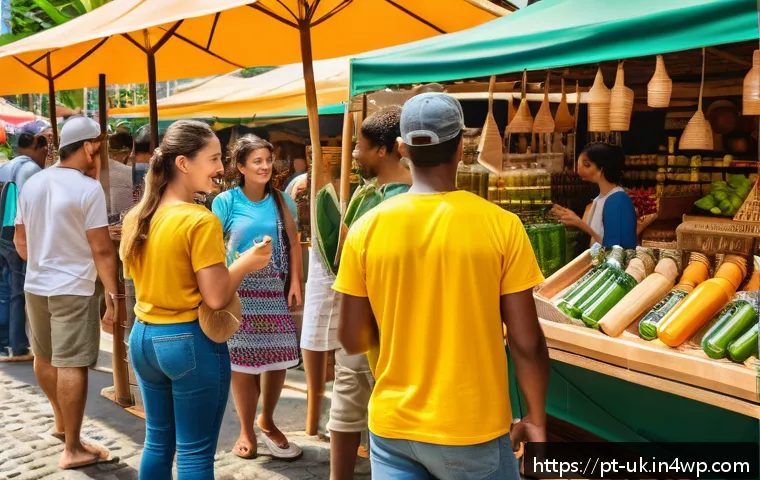 소비자 행동 변화와 일회용품 대체 - A vibrant, sunlit Brazilian urban market scene showcasing diverse people selecting sustainable produ...