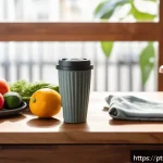 생활 속 일회용품 대체를 위한 팁 - A cozy, sunlit kitchen scene in a modern São Paulo apartment showing a person’s hands placing a reus...