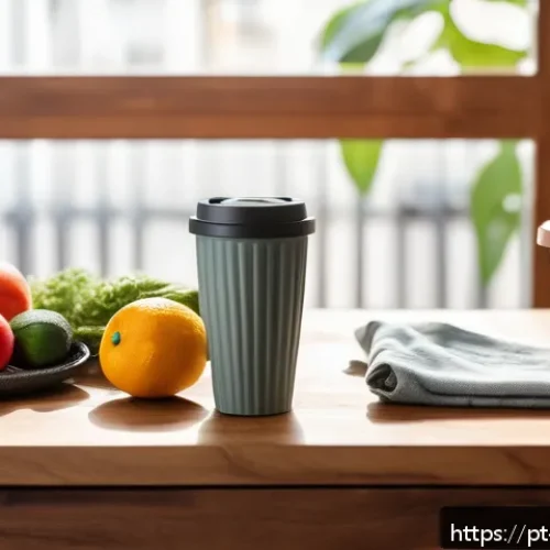 생활 속 일회용품 대체를 위한 팁 - A cozy, sunlit kitchen scene in a modern São Paulo apartment showing a person’s hands placing a reus...