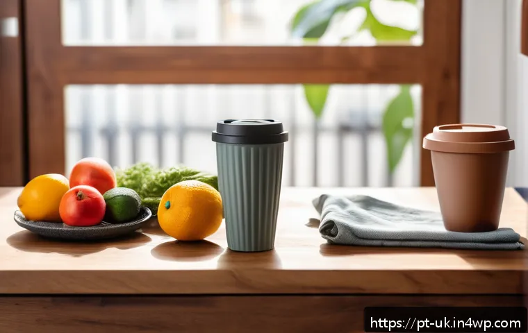 생활 속 일회용품 대체를 위한 팁 - A cozy, sunlit kitchen scene in a modern São Paulo apartment showing a person’s hands placing a reus...