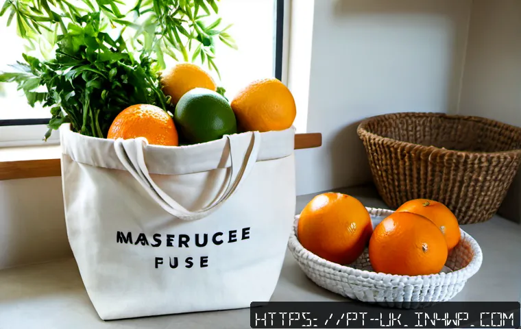 Home 17 비닐봉지 대신 사용할 수 있는 대체품 - Photorealistic bright kitchen counter in a Portuguese home, a reusable cotton grocery tote, woven ma...