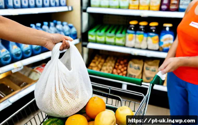 Home 17 일회용품 대체를 위한 소비자 행동 변화 - Photorealistic bright Brazilian supermarket checkout scene, a middle-aged shopper placing fresh prod...