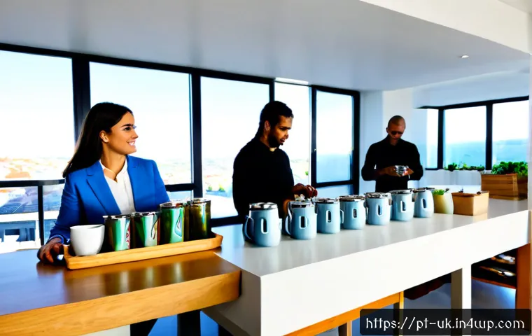 Home 17 직장 내 일회용품 대체 솔루션 도입 - Photorealistic modern Lisbon office break room adopting reusable alternatives to single-use items, d...